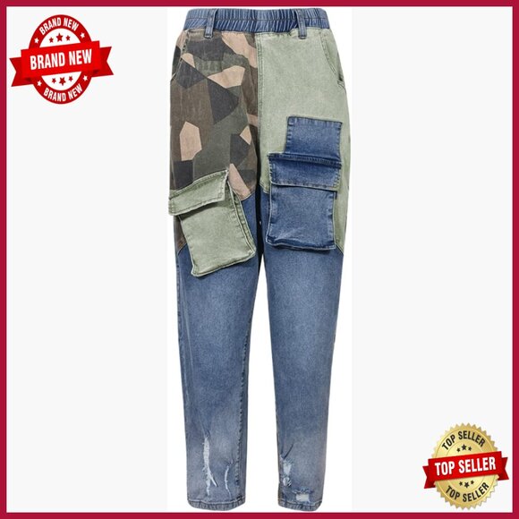 High Waisted Boyfriend Jeans Camo Patchwork Denim Joggers Cargo Pants